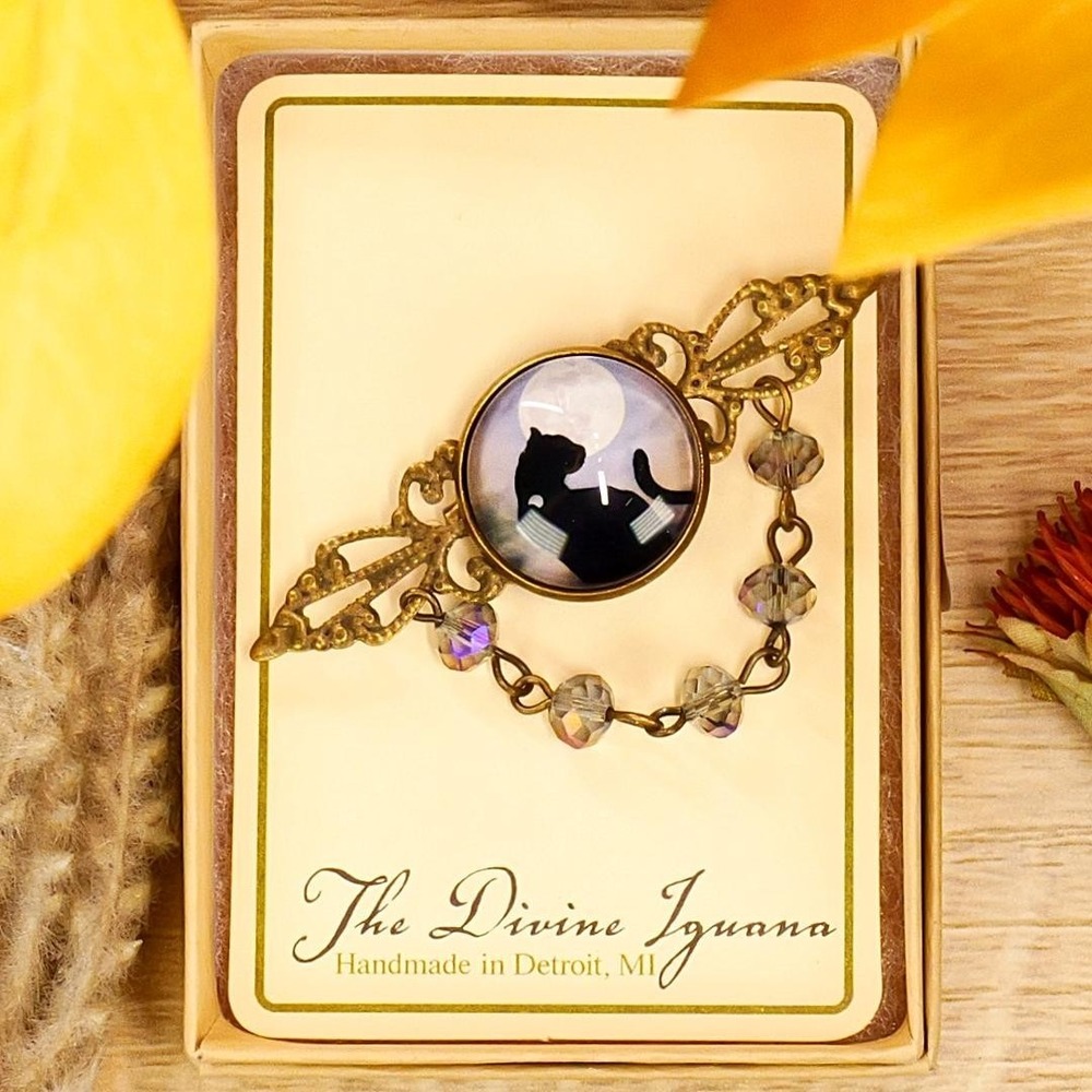 Black Cat Moon Gothic Brooch Witchy Halloween Beaded Bronze Filigree Lapel Pin